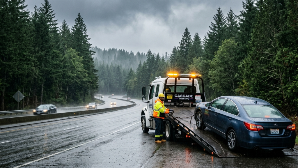 Flatbed tow truck assisting a stranded car on a Washington State highway